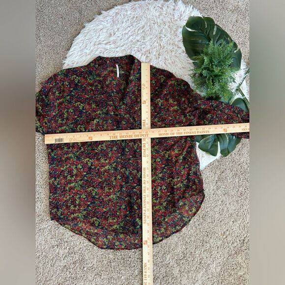 Free People Easy Rider Blue Green Red Rose Floral Sheer Button Up Blouse Sz M - Picture 9 of 12